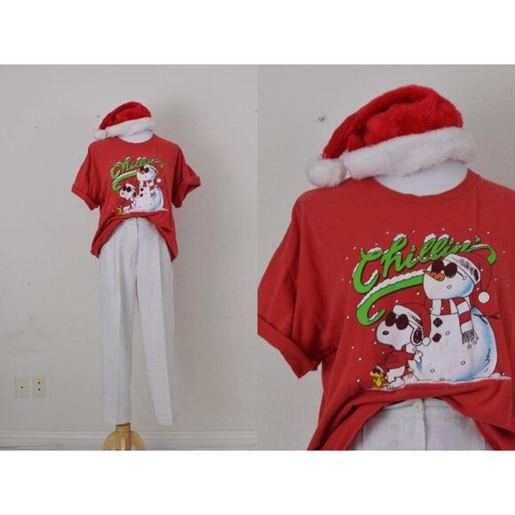 Vintage Worrrn 90s Cotton Christmas Snoopy and Snowman Shirt size XL - Picture 1 of 10